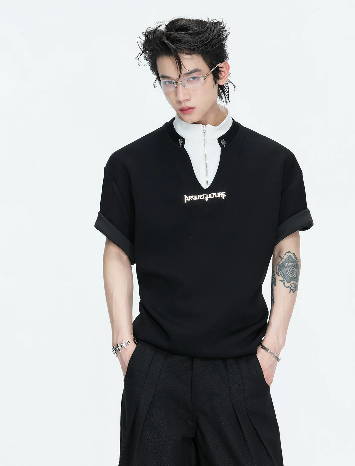 Layered Contrast-Collar Boxy T-Shirt — Black - Top — styling view 2