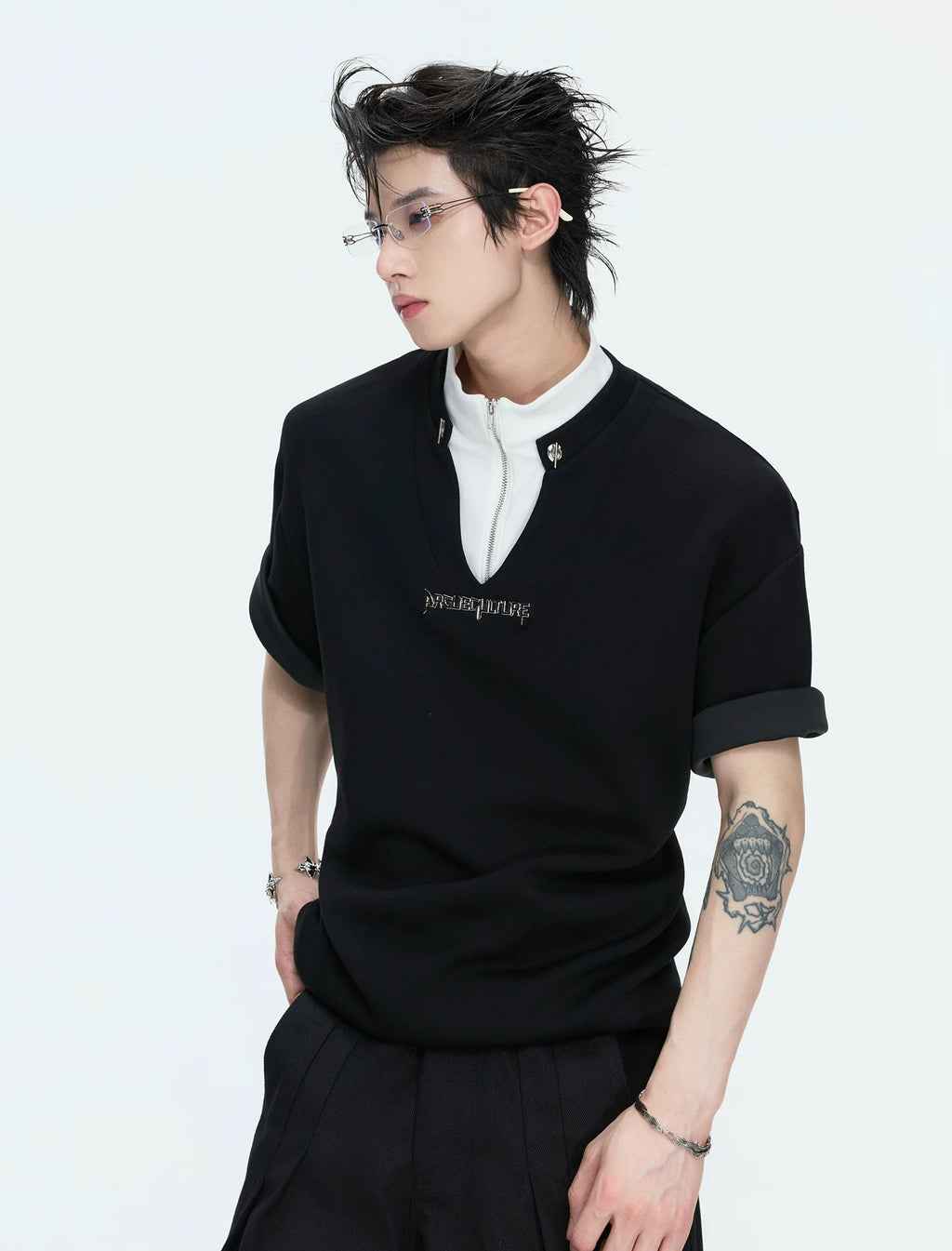 Layered Contrast-Collar Boxy T-Shirt — Black - Top — styling view 5