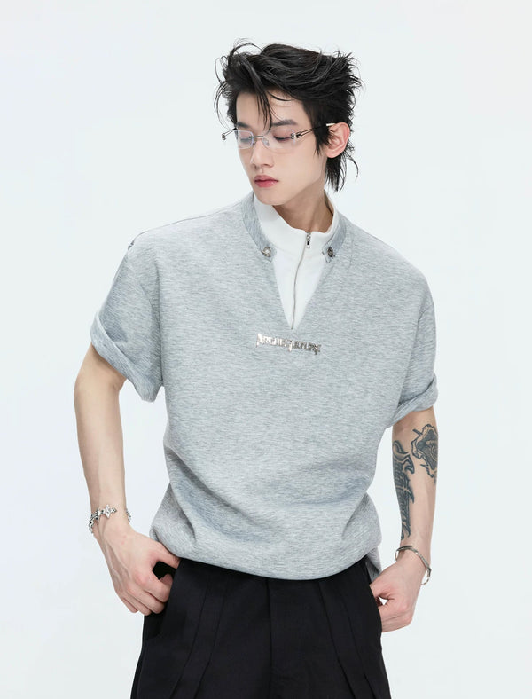 Layered Contrast-Collar Boxy T-Shirt — Gray - Top — styling view 3
