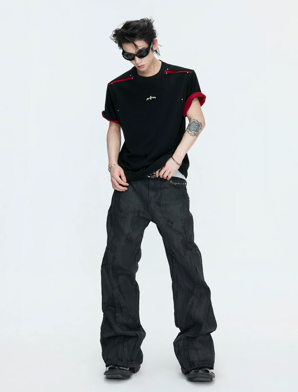 Contrast-Panel Structured-Sleeve T-Shirt — Black - T-Shirt — styling view 1