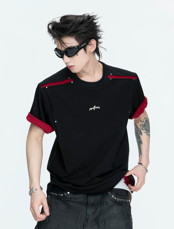 Contrast-Panel Structured-Sleeve T-Shirt — Black - T-Shirt — styling view 3