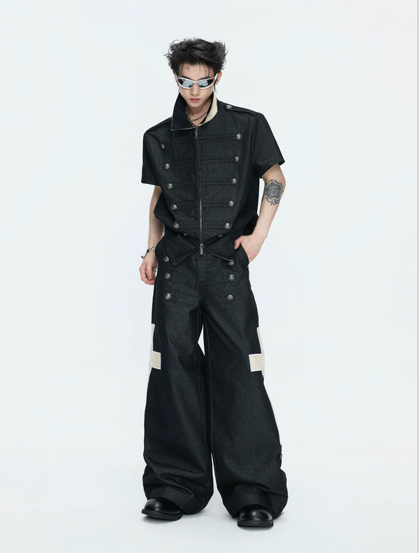 Double-Breasted Contrast-Collar Polo Set — Black - Top / Black - Pants — styling view 1