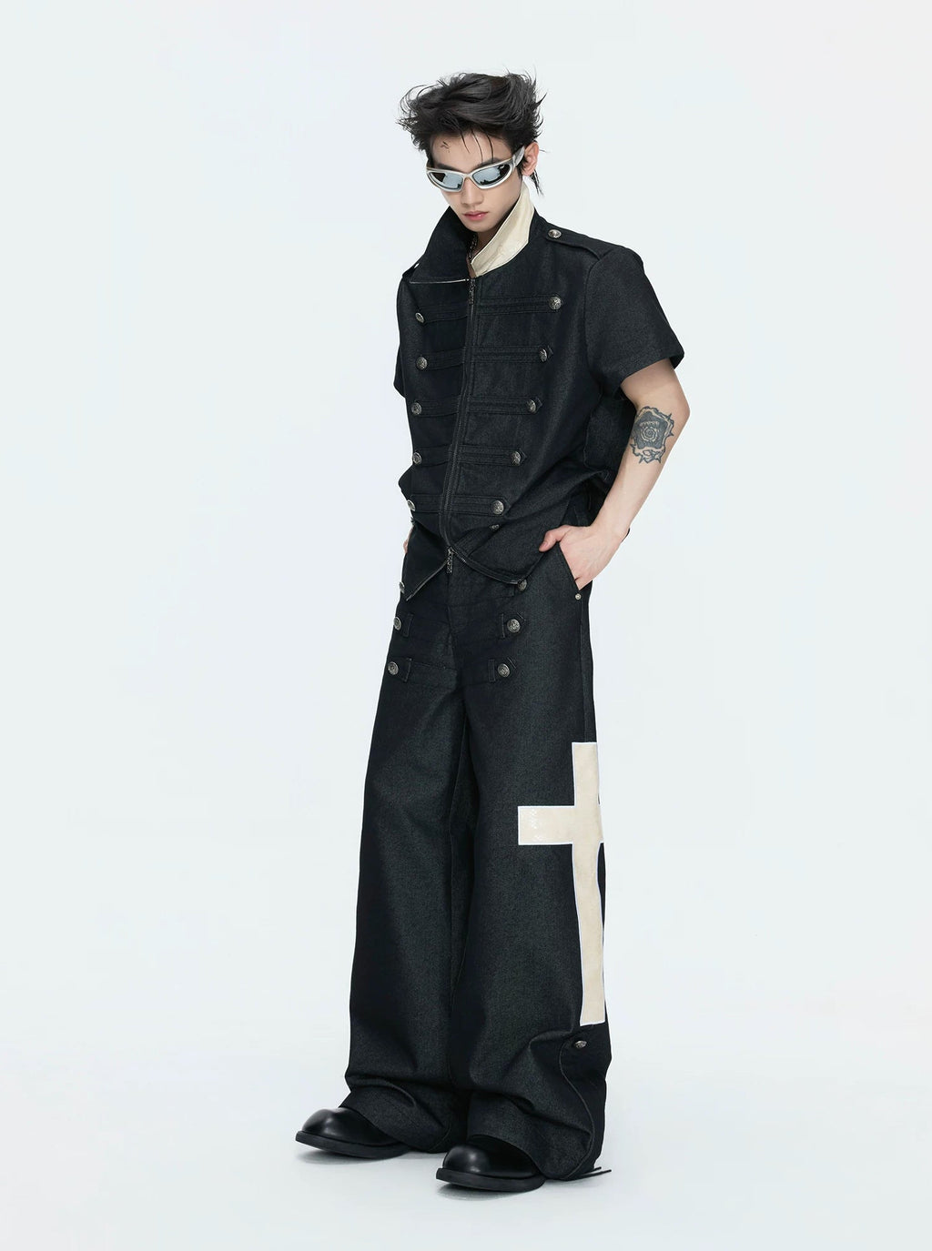 Double-Breasted Contrast-Collar Polo Set — Black - Top / Black - Pants — styling view 2