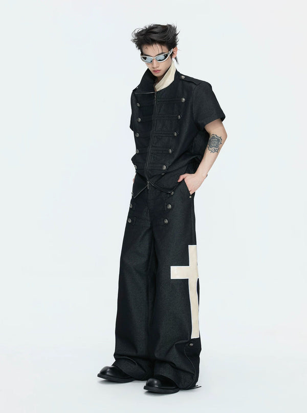 Double-Breasted Contrast-Collar Polo Set — Black - Top / Black - Pants — styling view 2