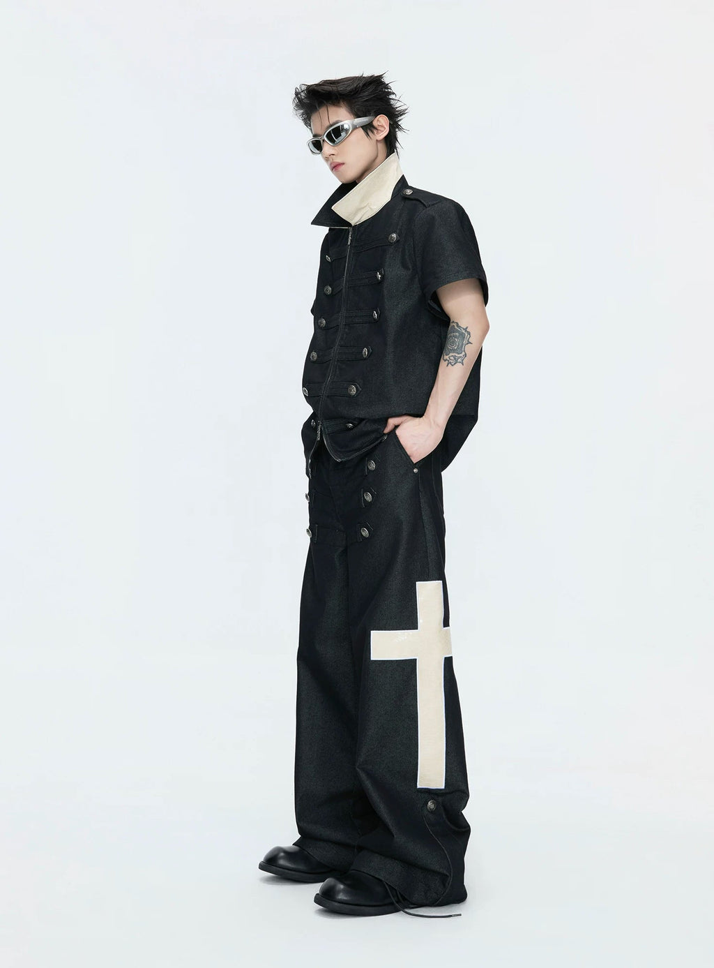 Double-Breasted Contrast-Collar Polo Set — Black - Top / Black - Pants — styling view 4