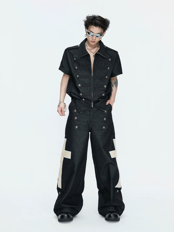 Double-Breasted Contrast-Collar Polo Set — Black - Top / Black - Pants — styling view 7