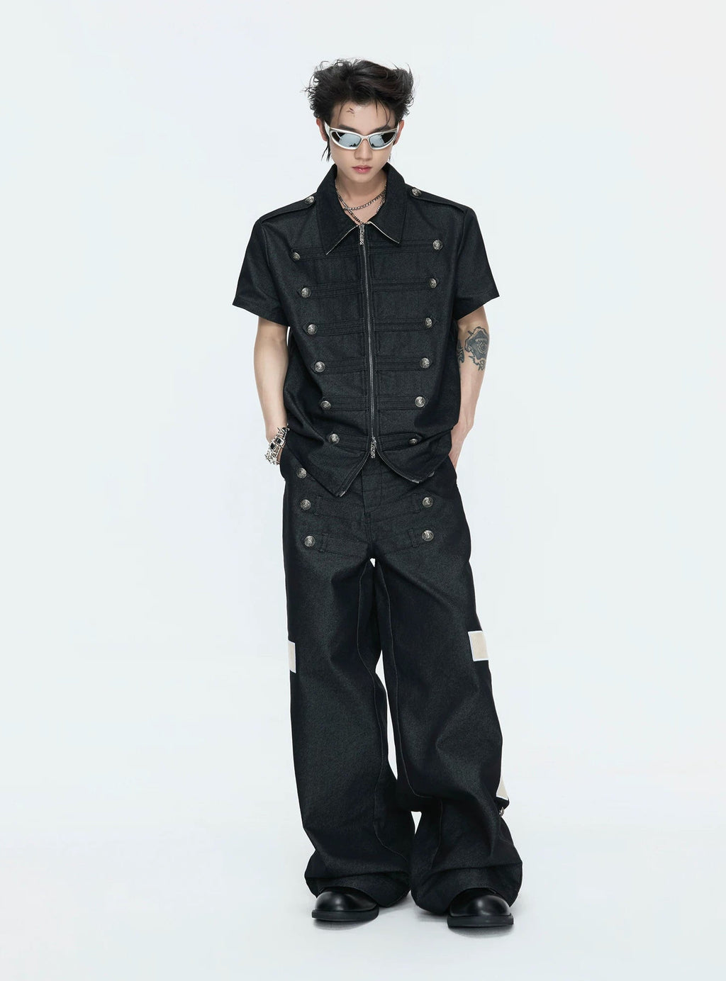 Double-Breasted Contrast-Collar Polo Set — Black - Top / Black - Pants — styling view 8