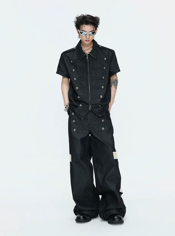Double-Breasted Contrast-Collar Polo Set — Black - Top / Black - Pants — styling view 8