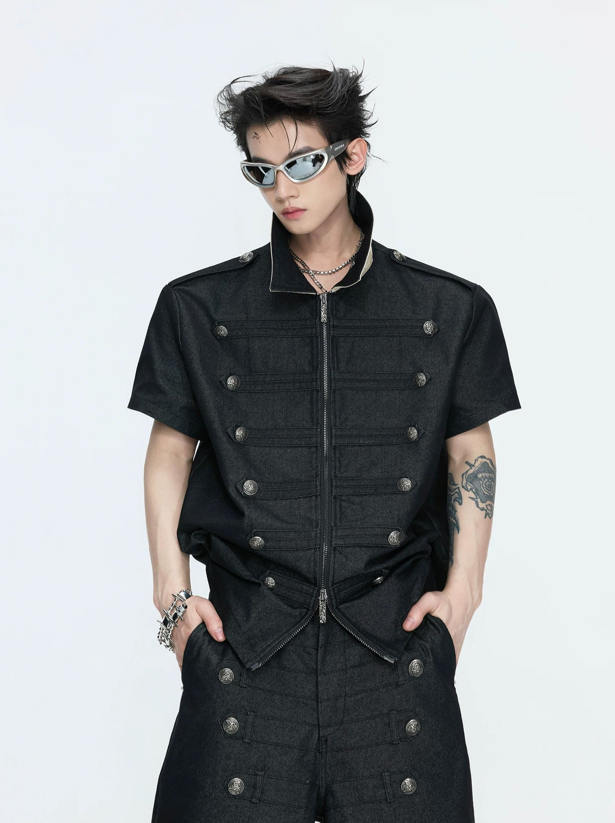 Double-Breasted Contrast-Collar Polo Set — Black - Top — styling 메인 이미지