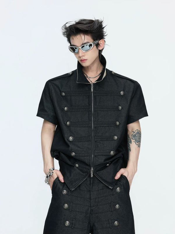Double-Breasted Contrast-Collar Polo Set — Black - Top — styling