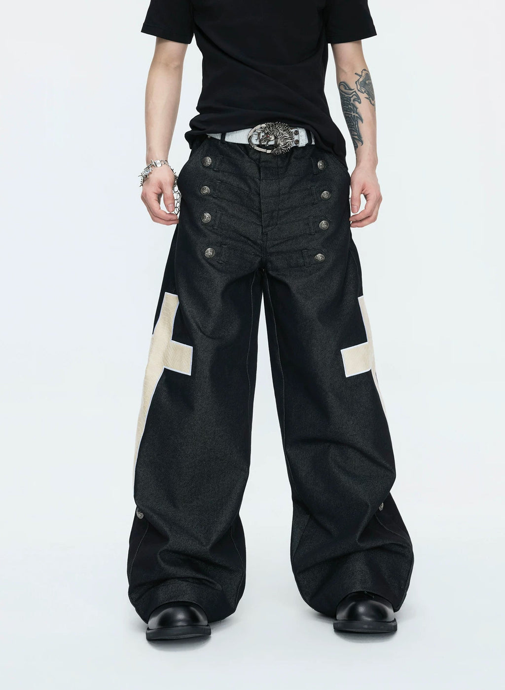 Double-Breasted Contrast-Collar Polo Set — Black - Pants — styling view 1
