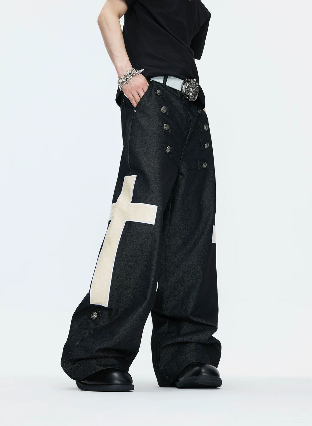 Double-Breasted Contrast-Collar Polo Set — Black - Pants — styling view 2