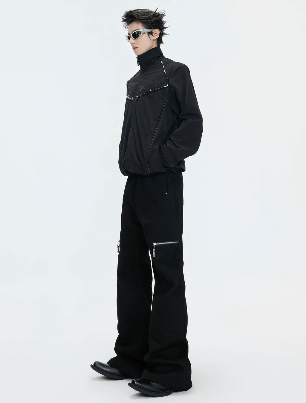Embroidered Stand-Collar Lightweight Jacket — Black - Top — styling view 2