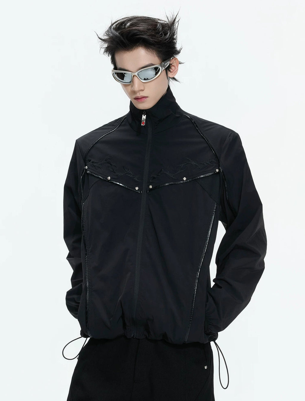 Embroidered Stand-Collar Lightweight Jacket — Black - Top — styling view 4