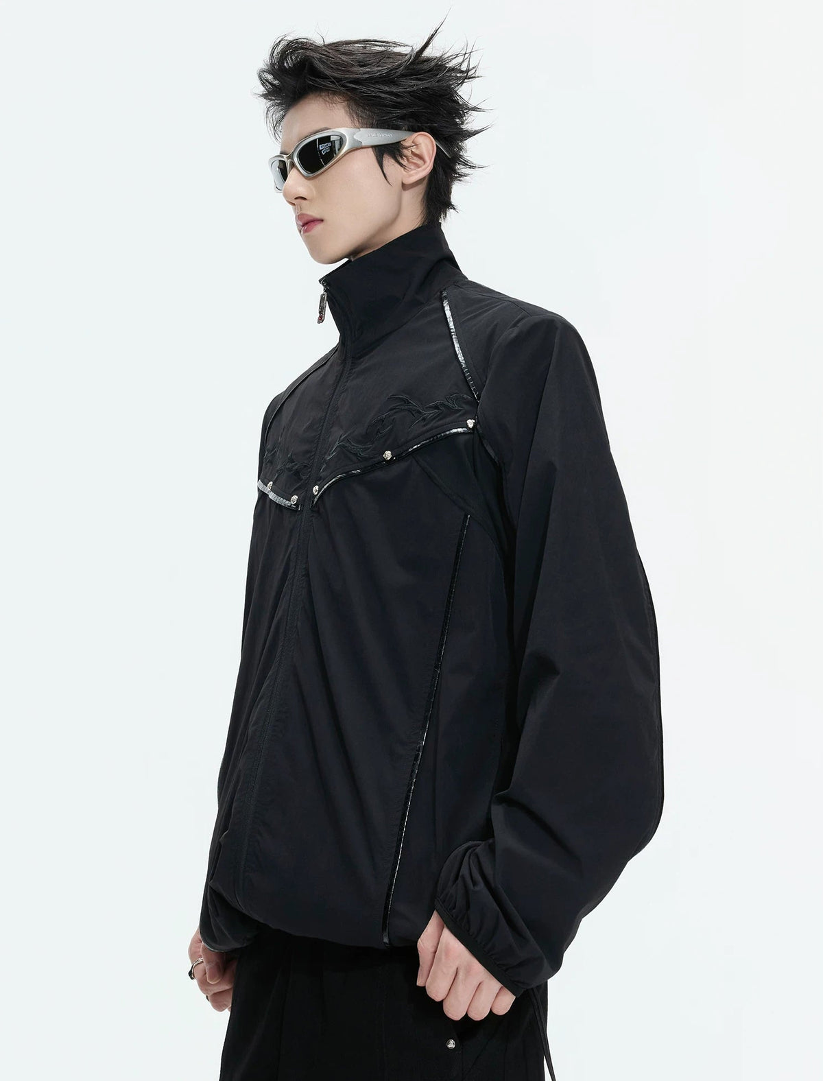 Embroidered Stand-Collar Lightweight Jacket — Black - Top — styling view 5