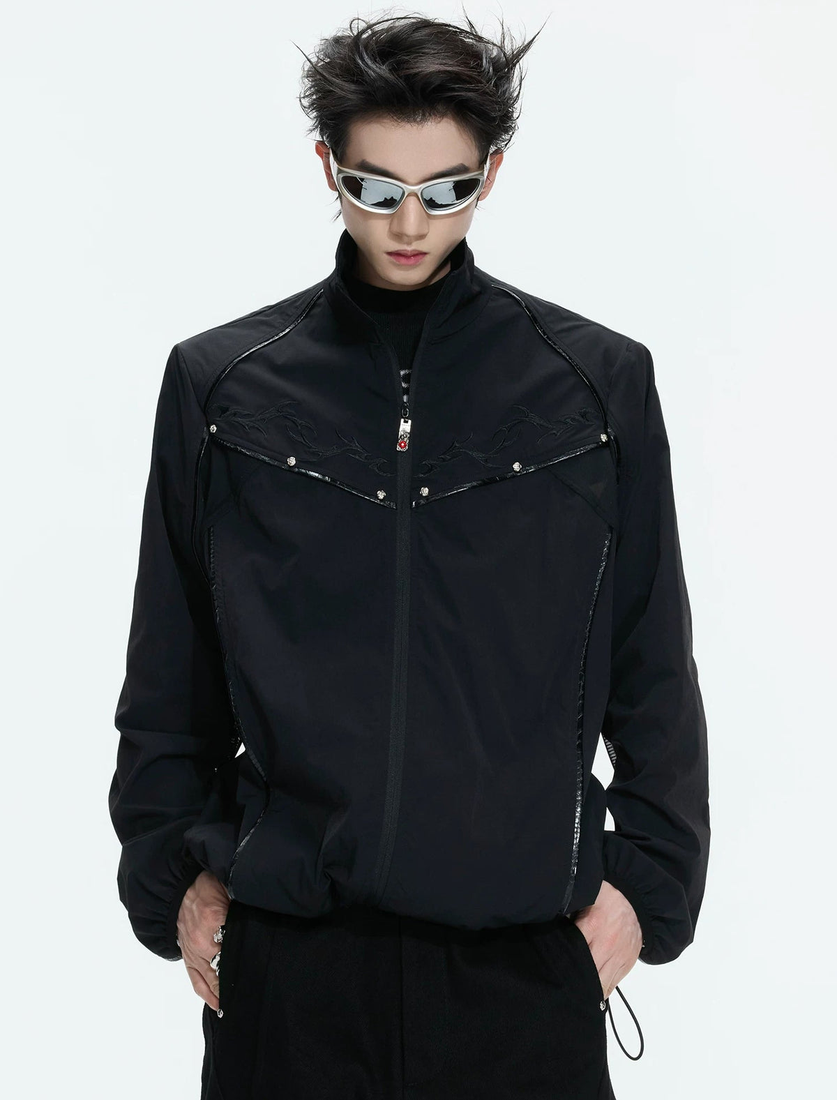 Embroidered Stand-Collar Lightweight Jacket — Black - Top — styling view 6 메인 이미지