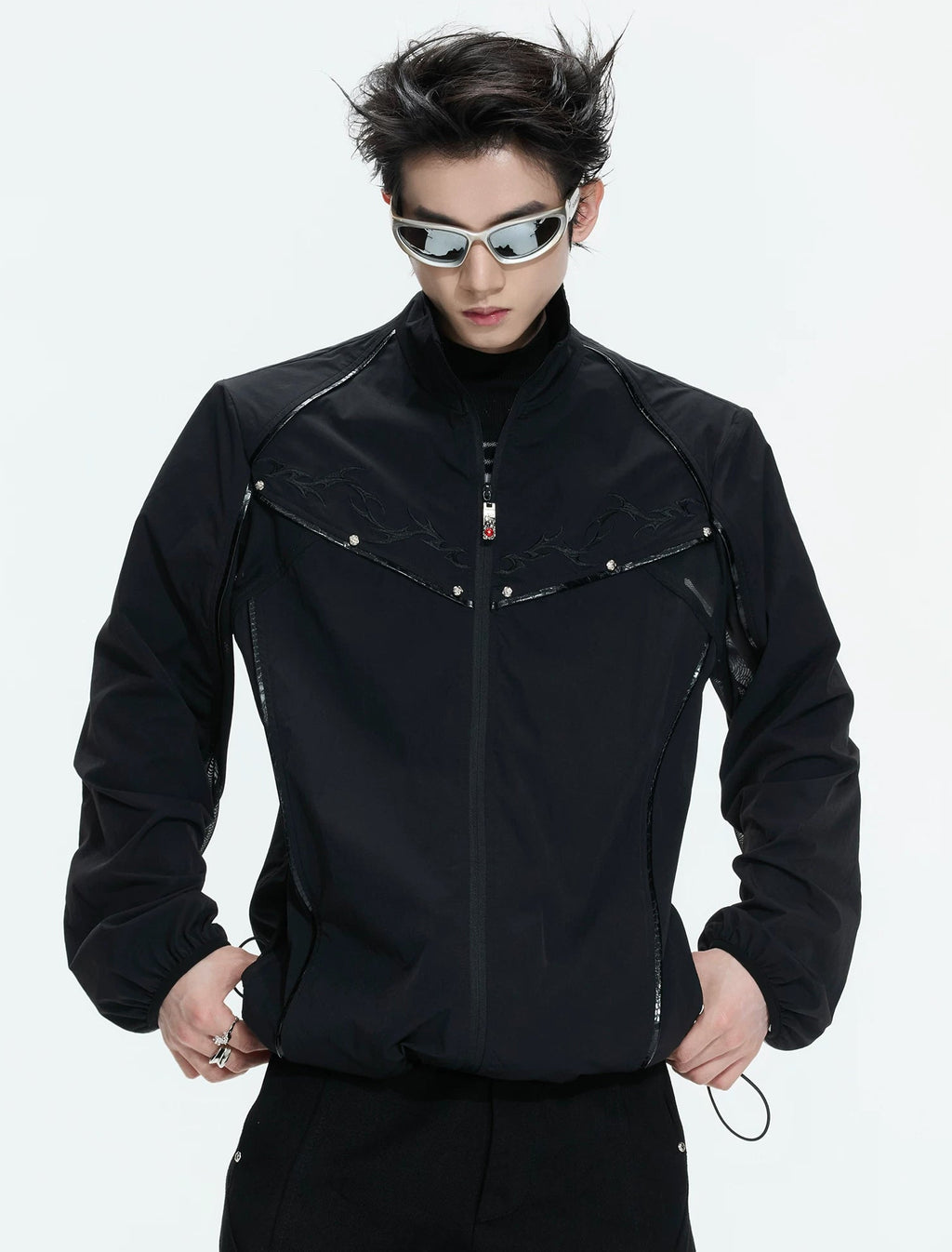 Embroidered Stand-Collar Lightweight Jacket — Black - Top — styling view 7