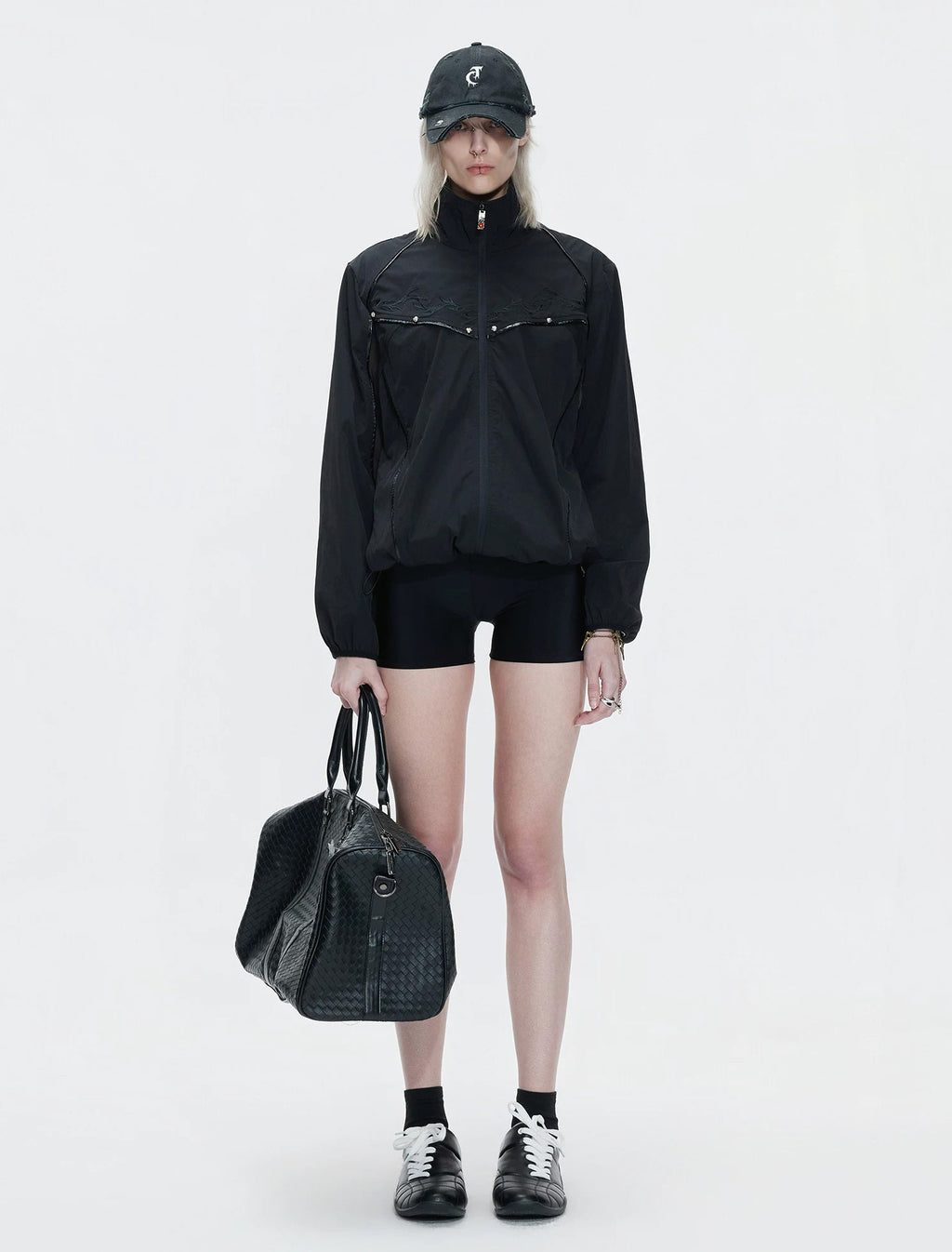 Embroidered Stand-Collar Lightweight Jacket — Black - Top — styling view 8