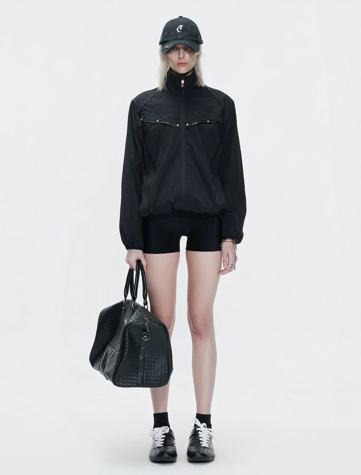 Embroidered Stand-Collar Lightweight Jacket — Black - Top — styling view 8