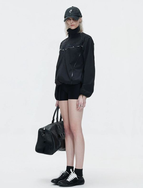 Embroidered Stand-Collar Lightweight Jacket — Black - Top — styling view 9