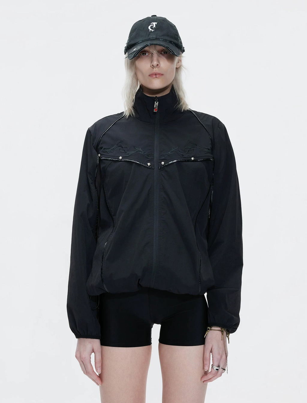 Embroidered Stand-Collar Lightweight Jacket — Black - Top — styling view 10