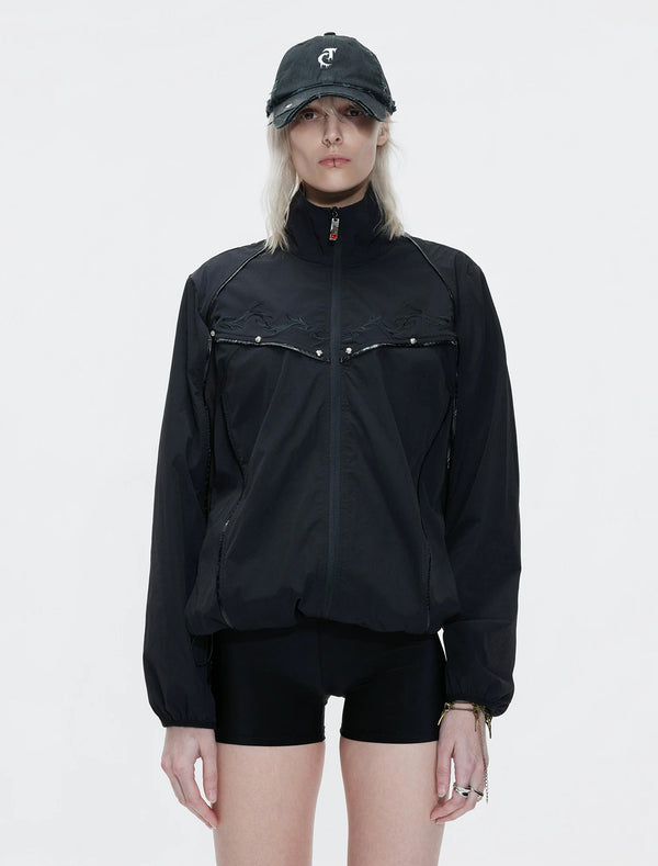 Embroidered Stand-Collar Lightweight Jacket — Black - Top — styling view 10