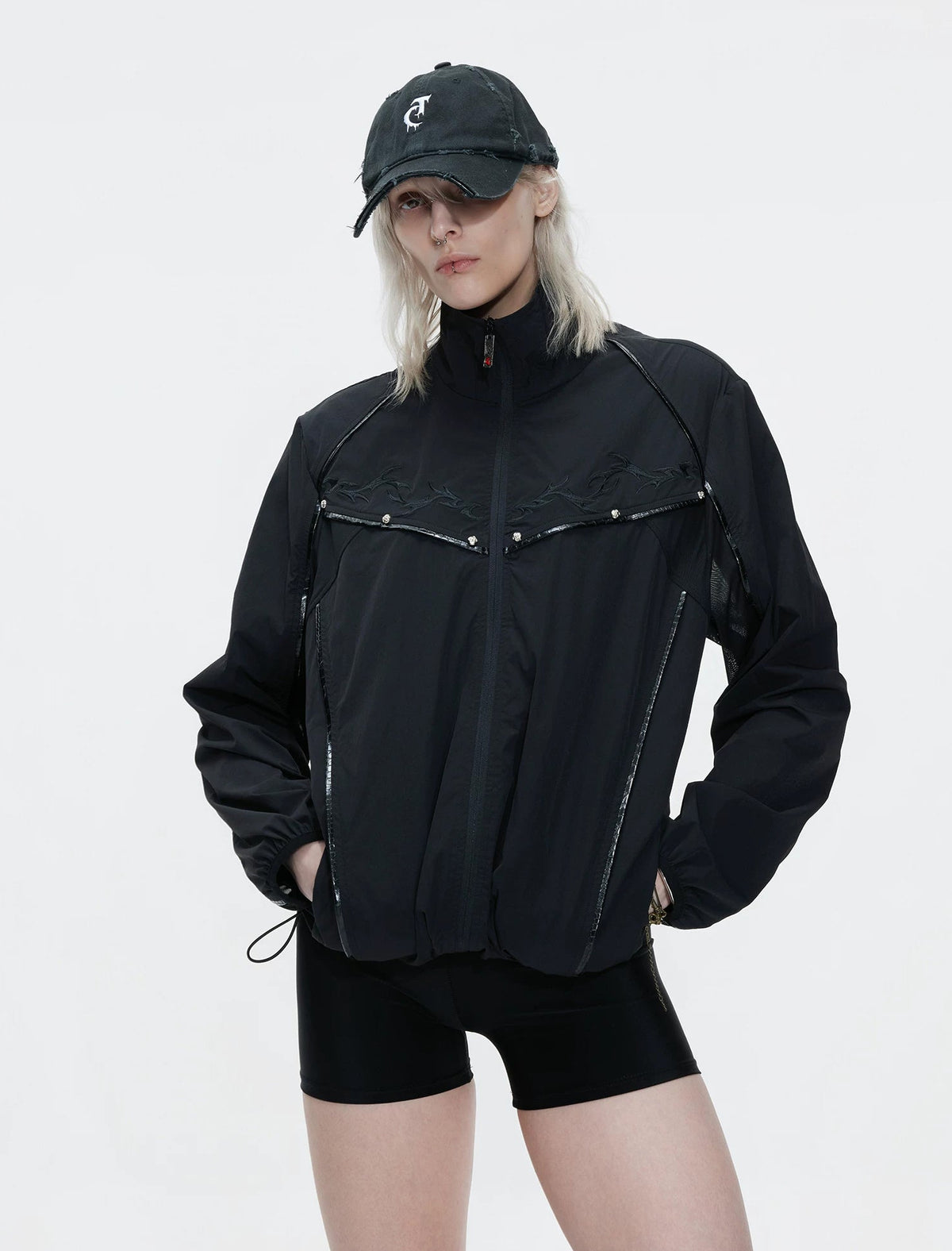 Embroidered Stand-Collar Lightweight Jacket — Black - Top — styling view 11
