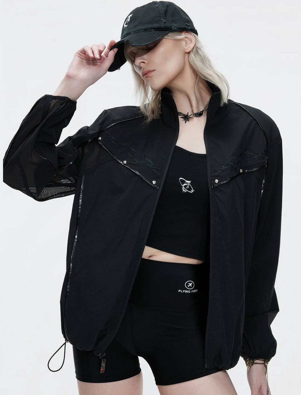 Embroidered Stand-Collar Lightweight Jacket — Black - Top — styling view 12