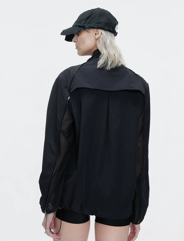 Embroidered Stand-Collar Lightweight Jacket — Black - Top — back view 2