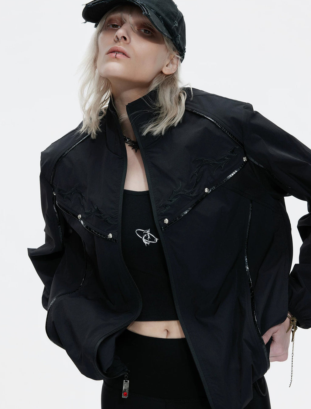 Embroidered Stand-Collar Lightweight Jacket — Black - Top — styling view 13