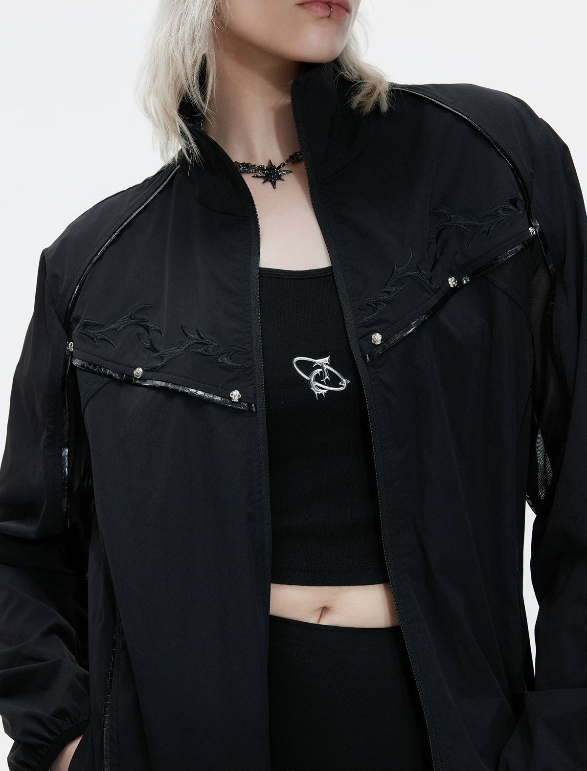 Embroidered Stand-Collar Lightweight Jacket — Black - Top — detail view 4