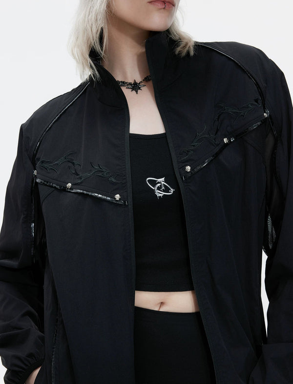 Embroidered Stand-Collar Lightweight Jacket — Black - Top — detail view 4