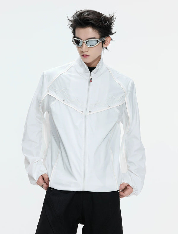 Embroidered Stand-Collar Lightweight Jacket — White - Top — styling view 1
