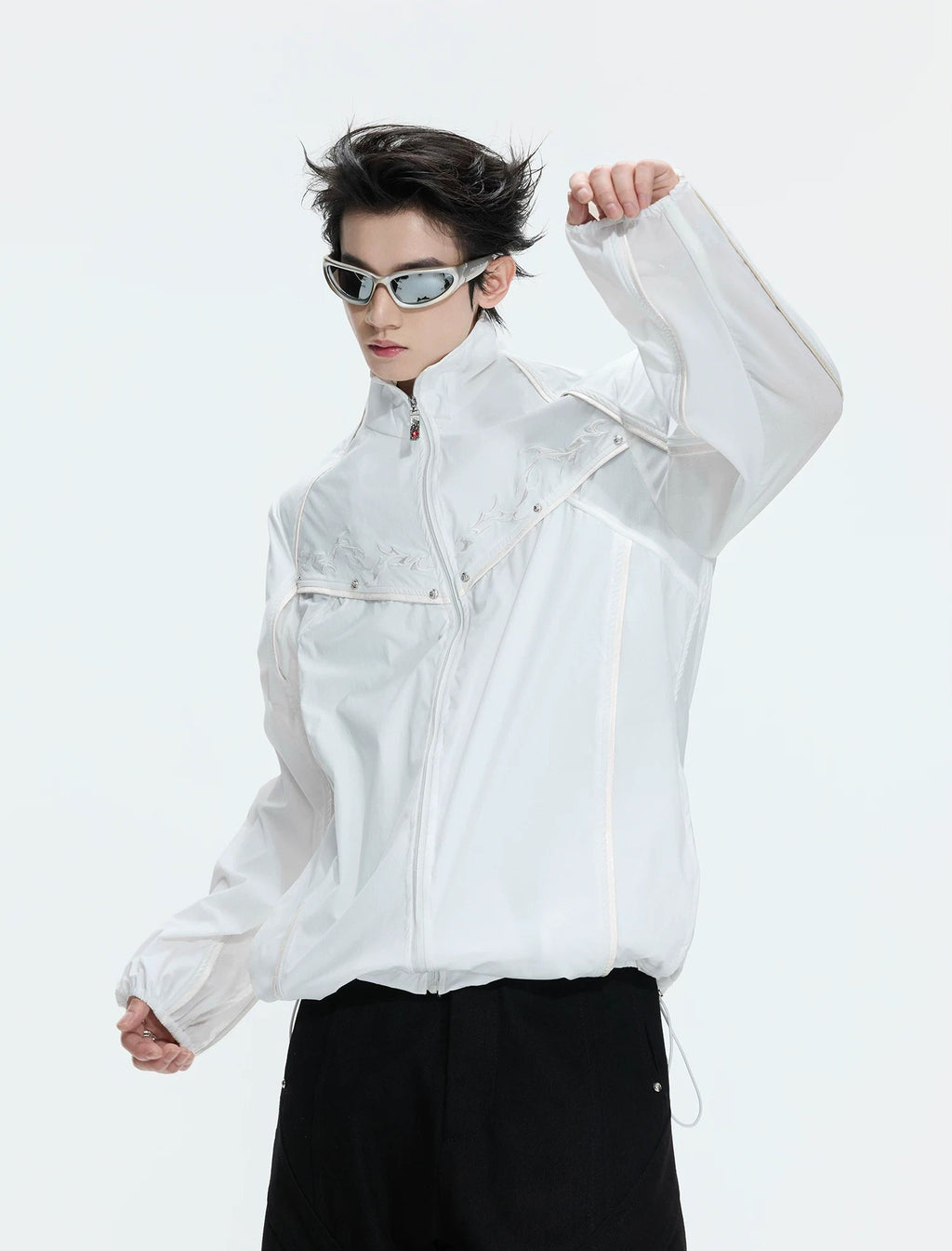 Embroidered Stand-Collar Lightweight Jacket — White - Top — styling view 2