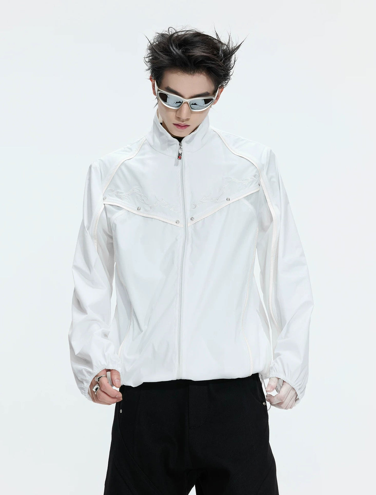 Embroidered Stand-Collar Lightweight Jacket — White - Top — styling view 3