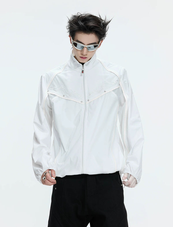 Embroidered Stand-Collar Lightweight Jacket — White - Top — styling view 3