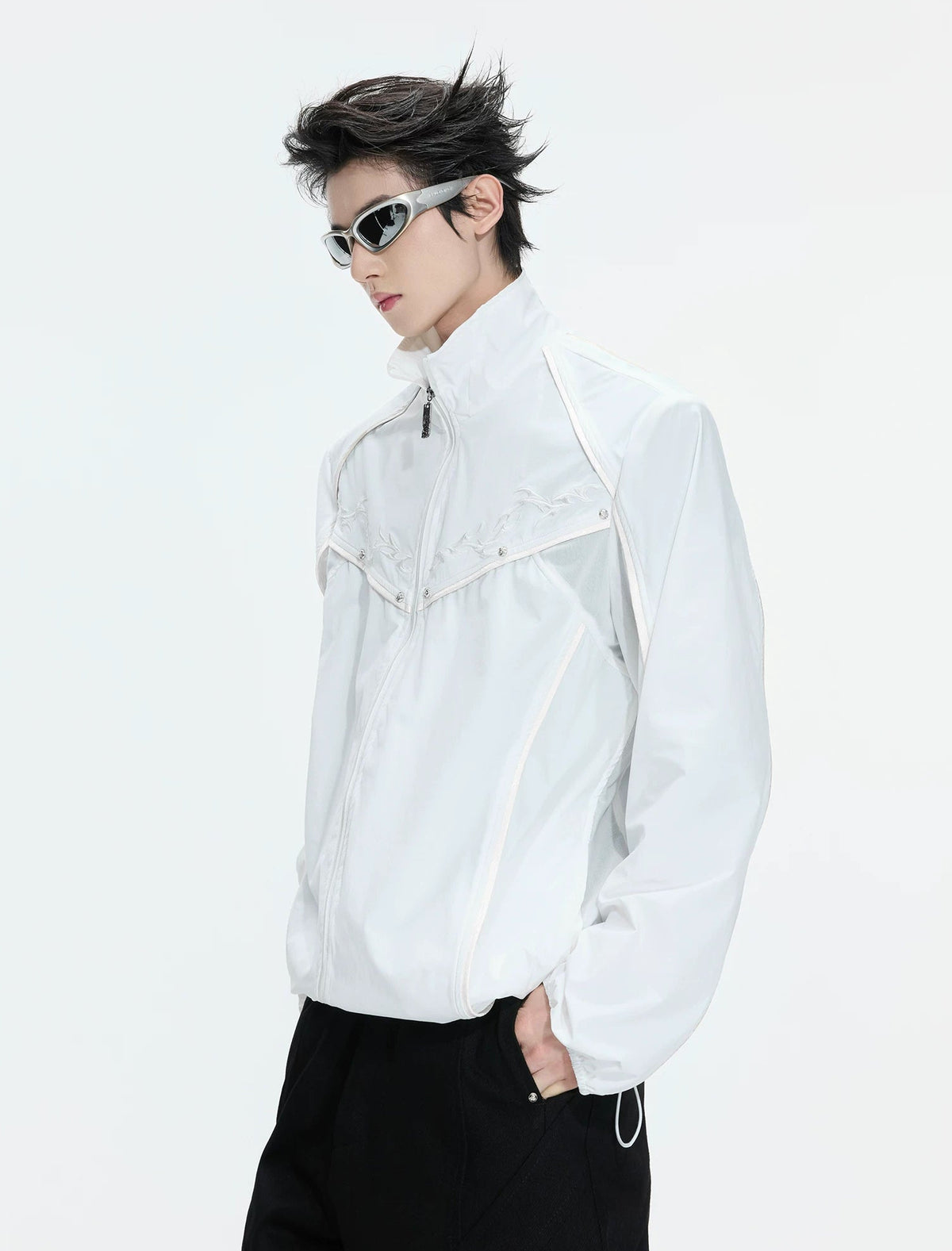 Embroidered Stand-Collar Lightweight Jacket — White - Top — styling view 5
