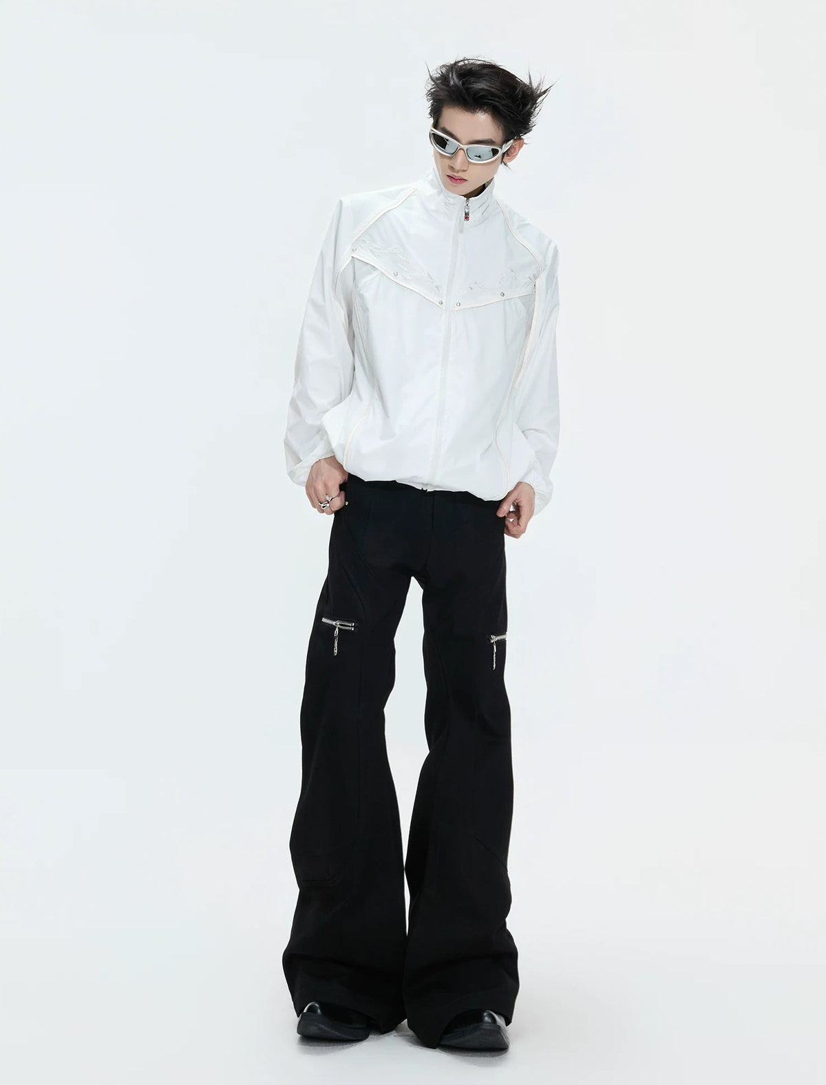 Embroidered Stand-Collar Lightweight Jacket — White - Top — styling view 6