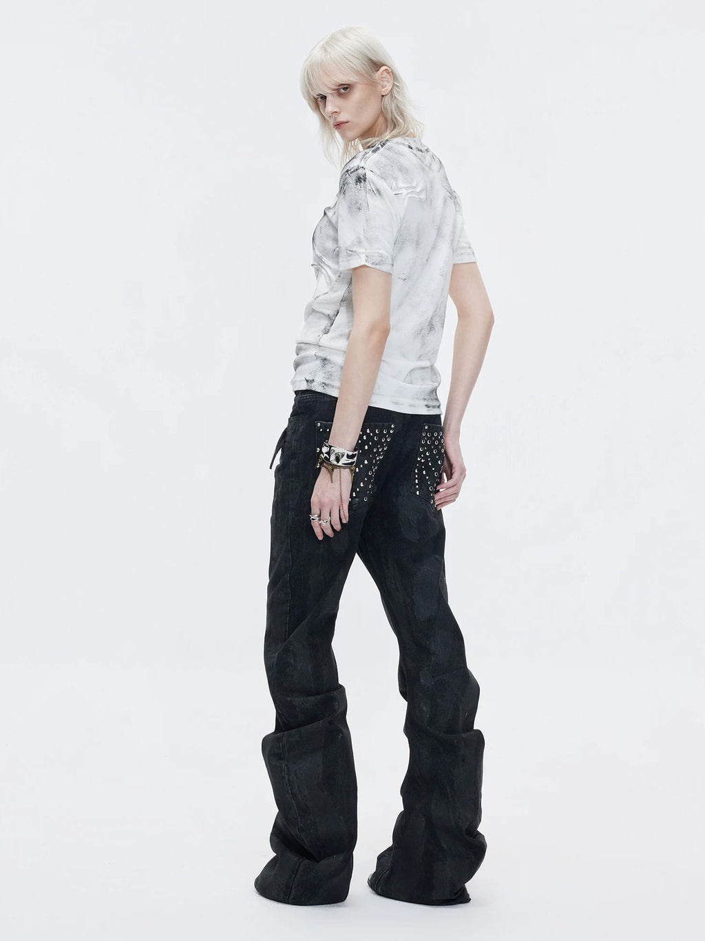 Distressed Cross Studded Fitted T-Shirt — White — back