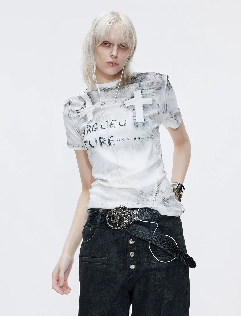 Distressed Cross Studded Fitted T-Shirt — White — styling view 6