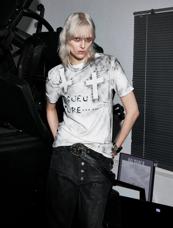 Distressed Cross Studded Fitted T-Shirt — White — styling view 9