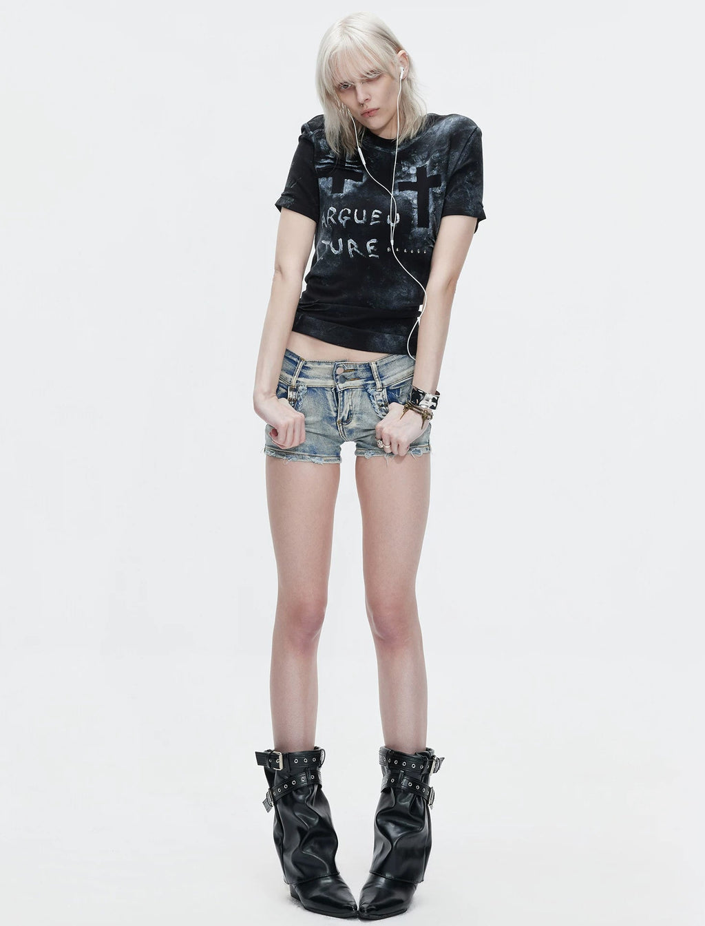 Distressed Cross Studded Fitted T-Shirt — Black — styling view 1