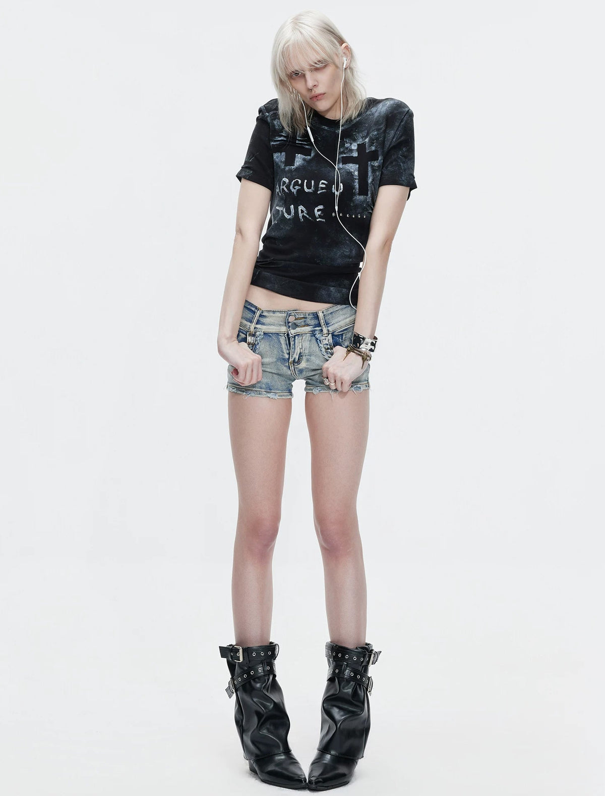 Distressed Cross Studded Fitted T-Shirt — Black — styling view 1