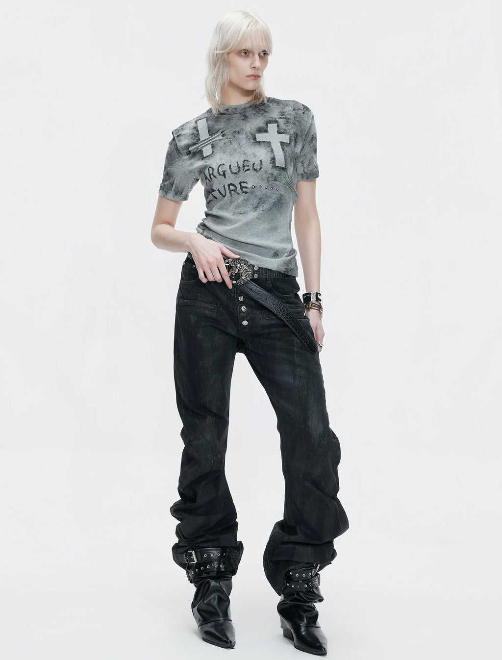 Distressed Cross Studded Fitted T-Shirt — Gray — styling view 1