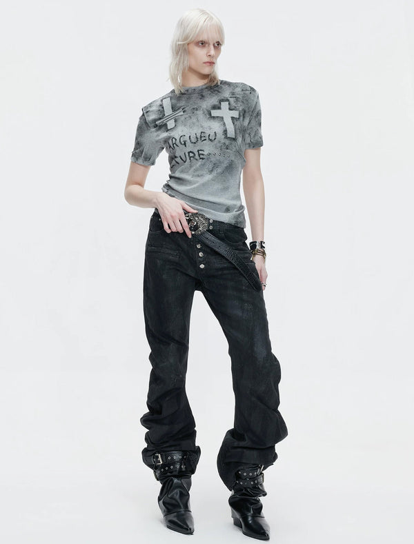 Distressed Cross Studded Fitted T-Shirt — Gray — styling view 1