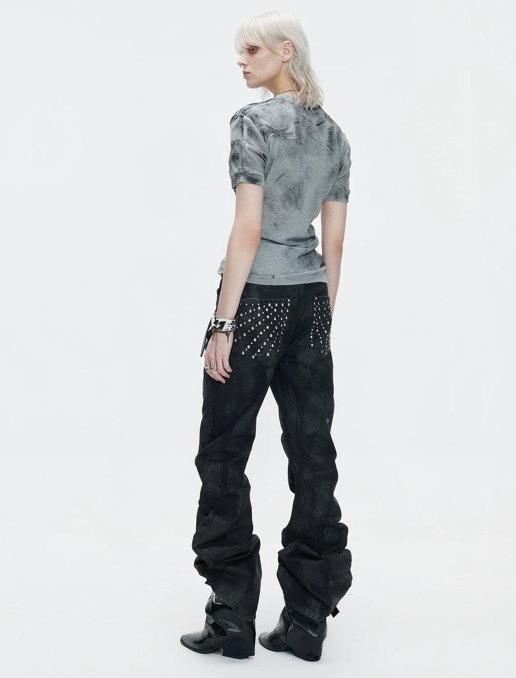 Distressed Cross Studded Fitted T-Shirt — Gray — back