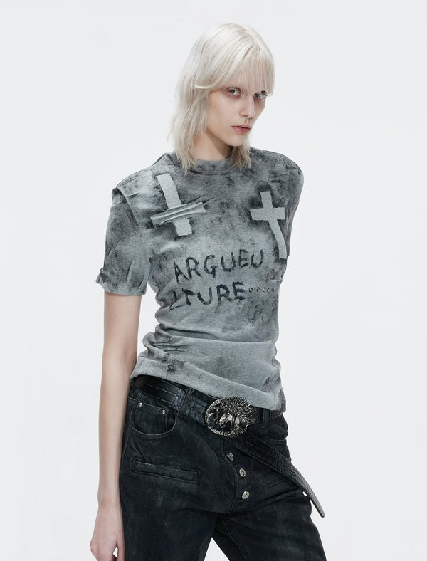 Distressed Cross Studded Fitted T-Shirt — Gray — styling view 3