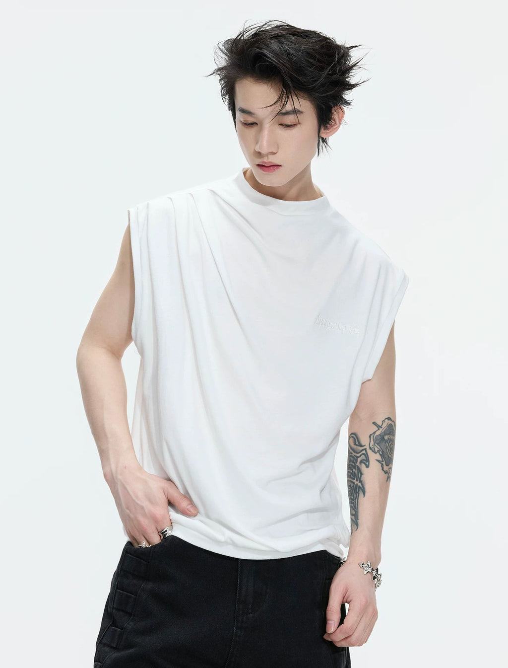 Embroidered Relaxed Tank Top — White - Top — styling view 2