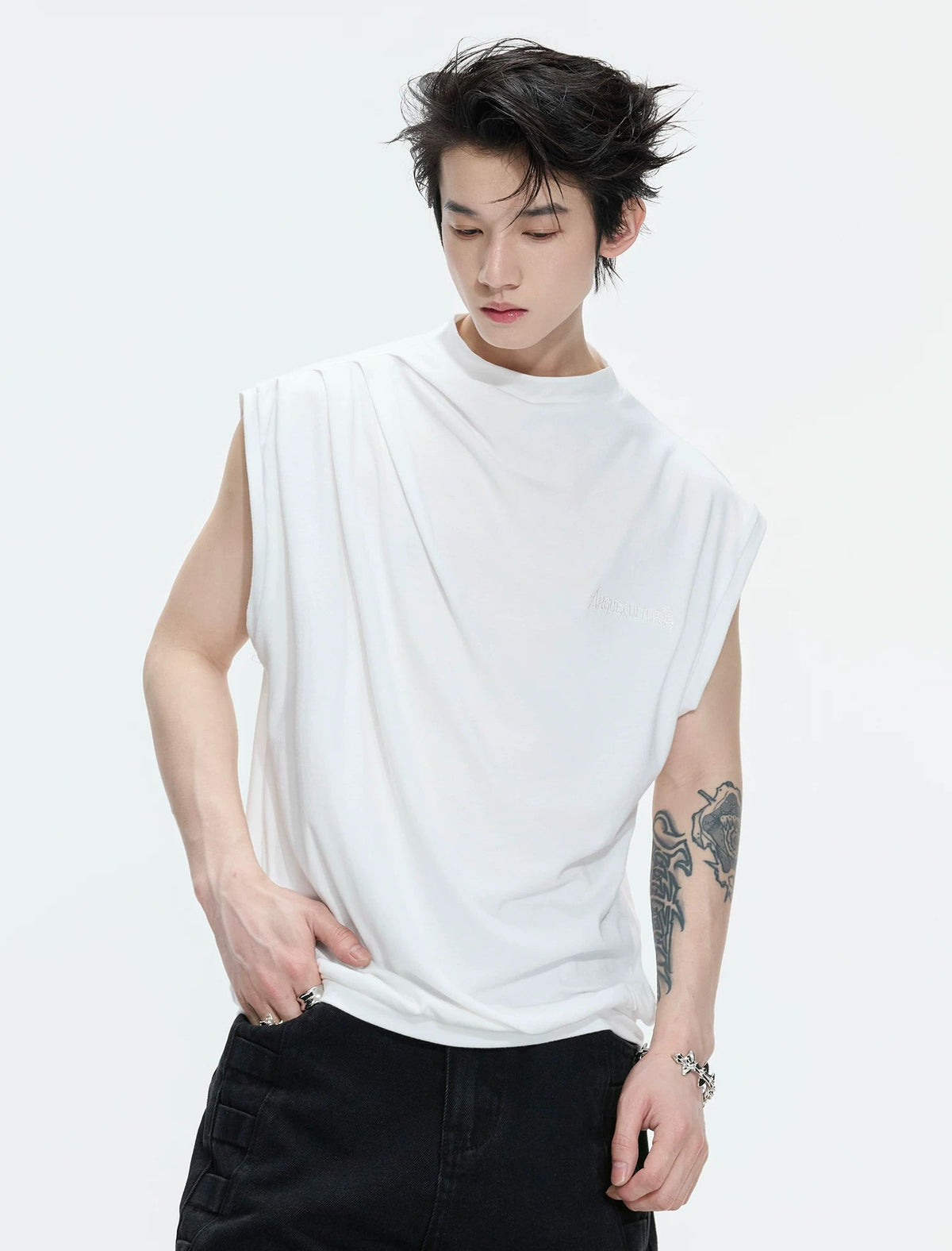Embroidered Relaxed Tank Top — White - Top — styling view 2