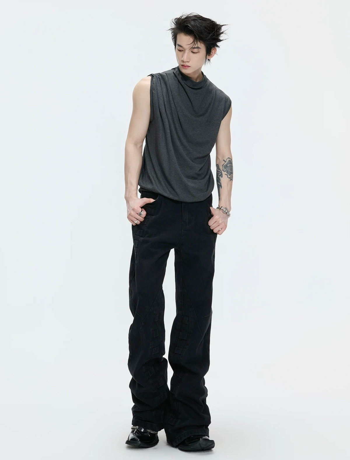 Embroidered Relaxed Tank Top — Gray - Top — styling view 2